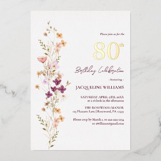 エレガントフローラ80thワイルドフラワー誕生日 箔招待状 (正面)