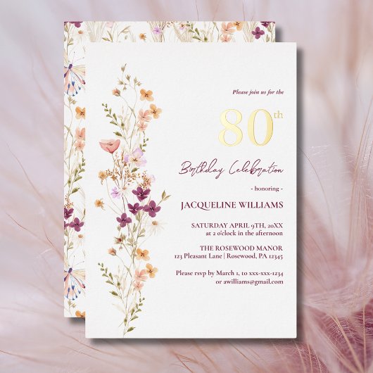 エレガントフローラ80thワイルドフラワー誕生日 箔招待状