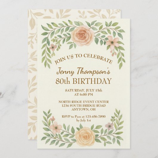 エレガントフローラ80th誕生日パーティーへの招待 招待状 (正面/裏面)