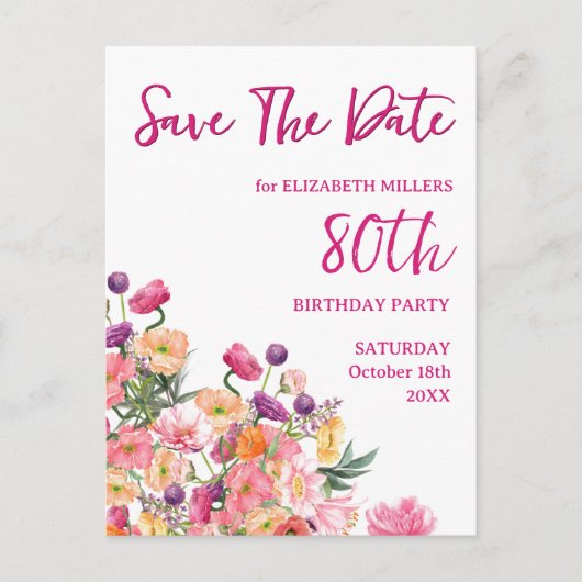 エレガントフローラ80th誕生日パーティー日付を保存 案内ポストカード (正面)