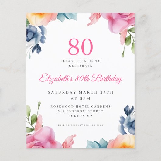 エレガントフローラ80th誕生日予算招待状 (正面)