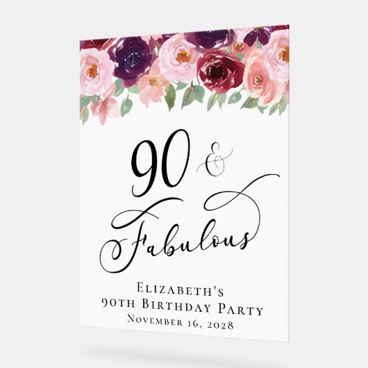 エレガントフローラ90th誕生日パーティーへようこそ アクリルサイン (傾斜)
