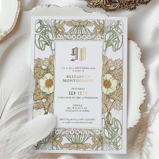 エレガントフローラ90th誕生日パーティーフォイルアクセント 箔招待状