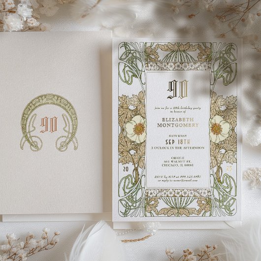 エレガントフローラ90th誕生日パーティーフォイルアクセント 箔招待状