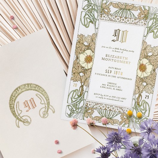 エレガントフローラ90th誕生日パーティーフォイルアクセント 箔招待状