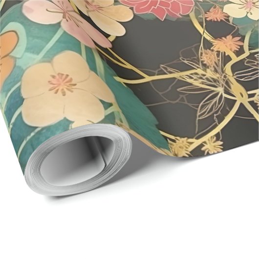 エレガントフローラ |サンゴとミント牡丹オンブラック ラッピングペーパー (ロールコーナー)