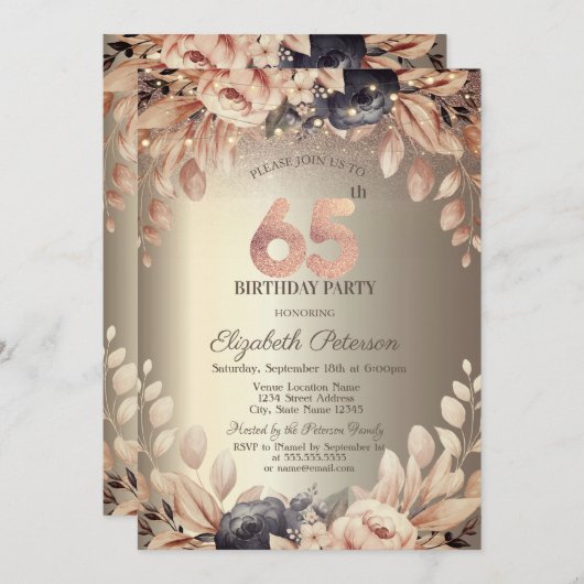 エレガントフローラ,ストリングライト65番目の誕生日 招待状 (正面/裏面)