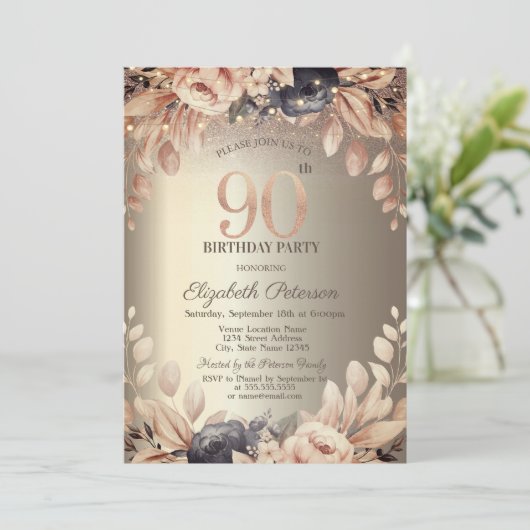 エレガントフローラ，ストリングライト90誕生日 招待状 (スタンド正面)