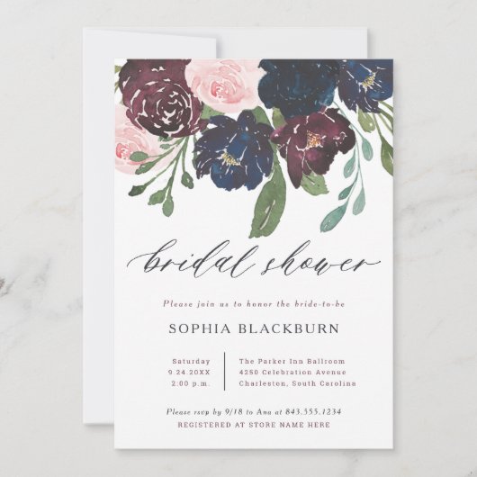 エレガントフローラ |ネイビーブルーとプラムブライダルシャワー 招待状 (正面)