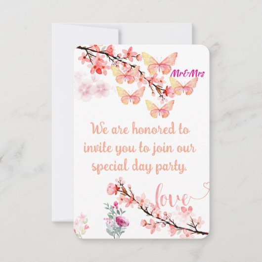 エレガントフローラ&バタフライ結婚式招待状カード 招待状 (正面)