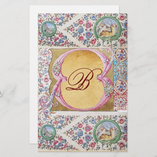 エレガントフローラ,天使,ピンクのバラ,動物モノグラム 便箋 (正面/裏面)