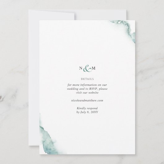 エレガントフローラ、緑、セージ水の色結婚の 招待状 (裏面)