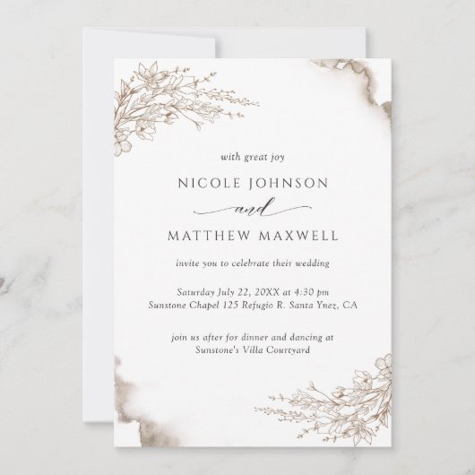 エレガントフローラ、自然トーンウォーターの色結婚の 招待状 (正面)