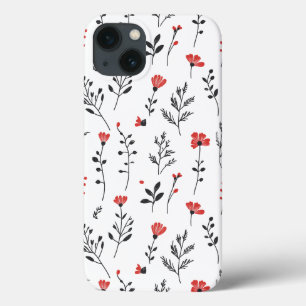 エレガントフローラ – 赤と黒の植物模様 iPhone 13ケース