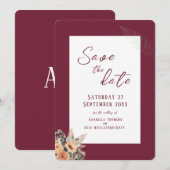 エレガントフローラburgundy日付フラットカードを保存 セーブザデート (正面/裏面)