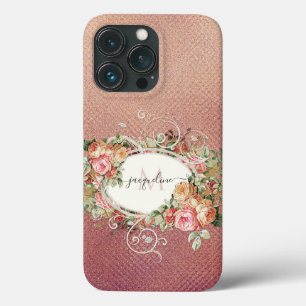 エレガントフローラPink Roseヴィンテージ金ゴールドスクリプト名 iPhone 13 Proケース