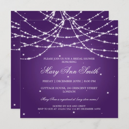 エレガントブライダルシャワーきらめく文字列紫 招待状 (正面/裏面)