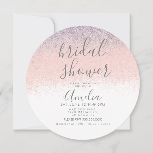 エレガントブライダルシャワーオフェイクンブレグリッターピンク 招待状 (正面)
