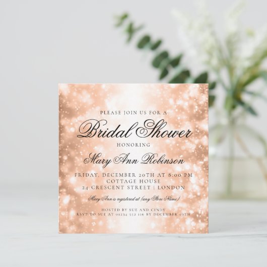 エレガントブライダルシャワーバラ金ゴールドきらめく灯 招待状 (スタンド正面)