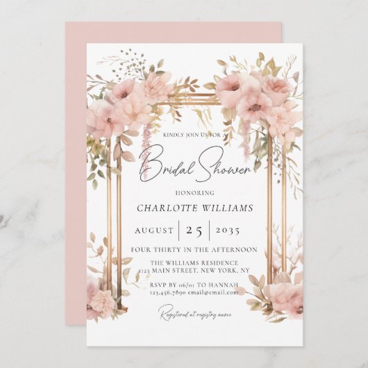 エレガントブライダルシャワーピンクフローラアーチ 招待状 (正面/裏面)