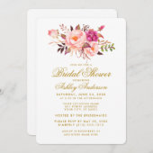 エレガントブライダルシャワーピンクフローラ金ゴールド招待状 招待状 (正面/裏面)