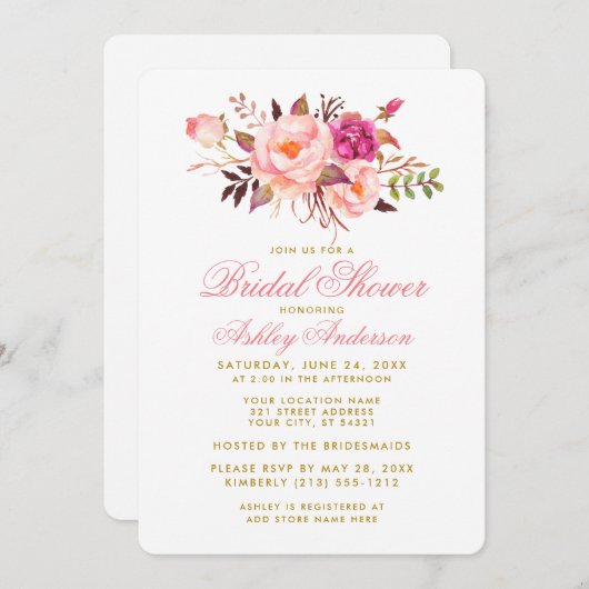 エレガントブライダルシャワーフローラピンク金ゴールド招待状 招待状 (正面/裏面)