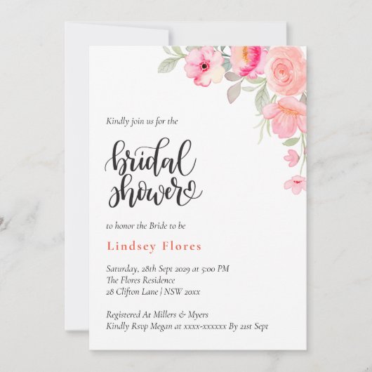 エレガントブライダルシャワーフローラ緑化の水色 招待状 (正面)