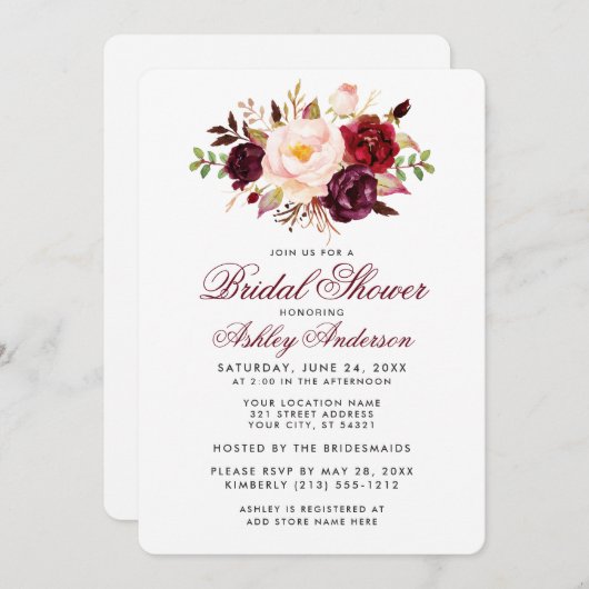 エレガントブライダルシャワーブルゴーニュフローラ招待状 招待状 (正面/裏面)