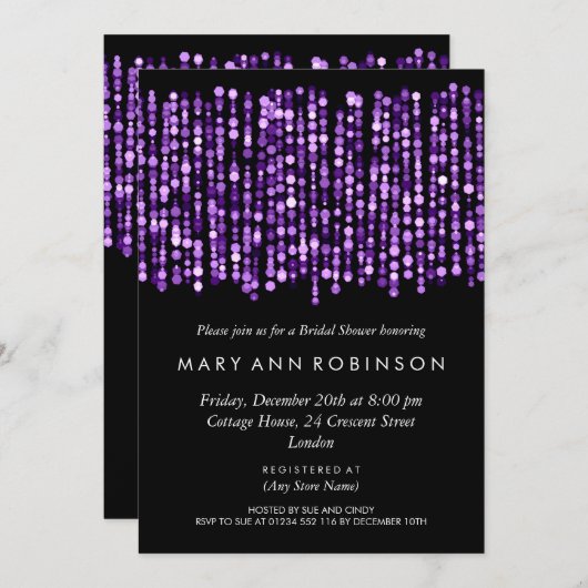 エレガントブライダルシャワーモダンパープルライト 招待状 (正面/裏面)