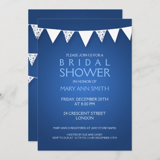 エレガントブライダルシャワーラブバンティンブルー 招待状 (正面/裏面)