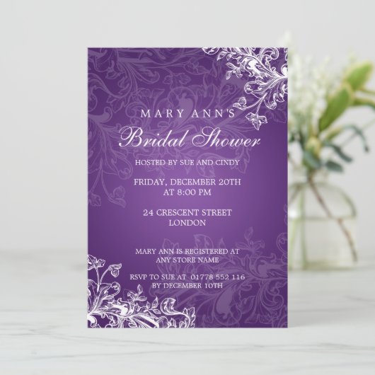 エレガントブライダルシャワーヴィンテージ渦巻き紫 招待状 (スタンド正面)