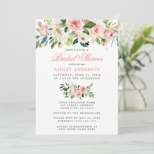 エレガントブライダルシャワー水彩フローラピンク 招待状 (スタンド正面)