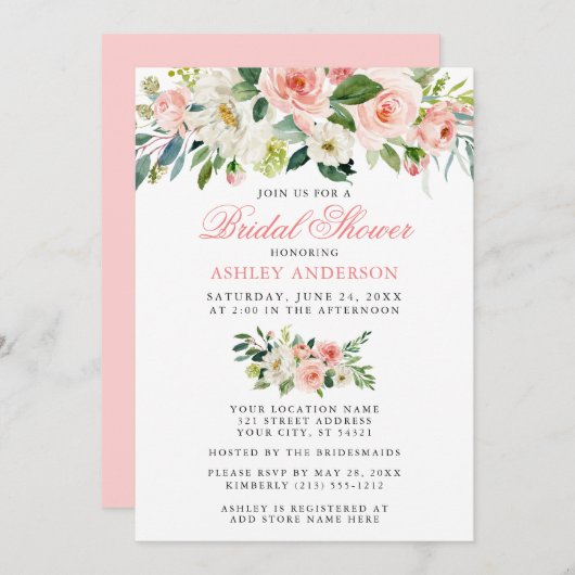 エレガントブライダルシャワー水彩フローラピンク 招待状 (正面/裏面)