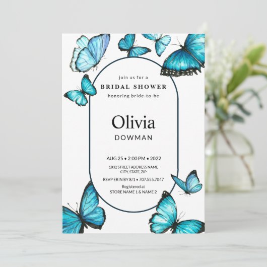 エレガントブライダルシャワー。ロマンチックなフレーム蝶 招待状 (スタンド正面)