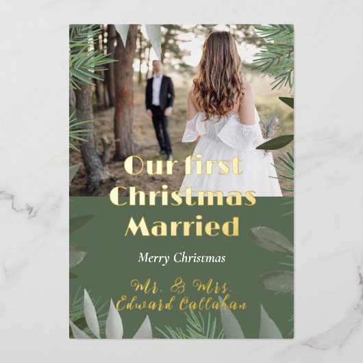 エレガントブライダルフォトグリーン第1回クリスマス結婚した 箔シーズンカード (正面)