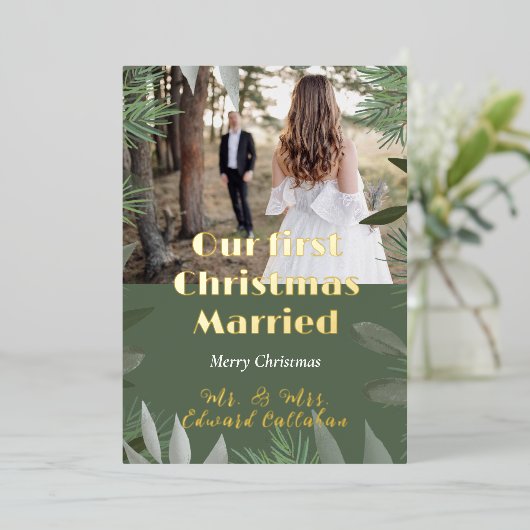 エレガントブライダルフォトグリーン第1回クリスマス結婚した 箔シーズンカード (立ち正面)