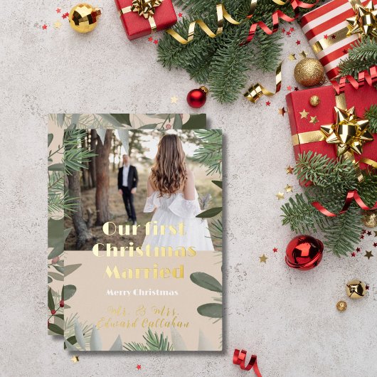 エレガントブライダルフォトピーチ1stクリスマス結婚した 箔シーズンカード