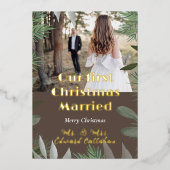 エレガントブライダルフォトブラウン第1回クリスマス結婚した 箔シーズンカード (正面)