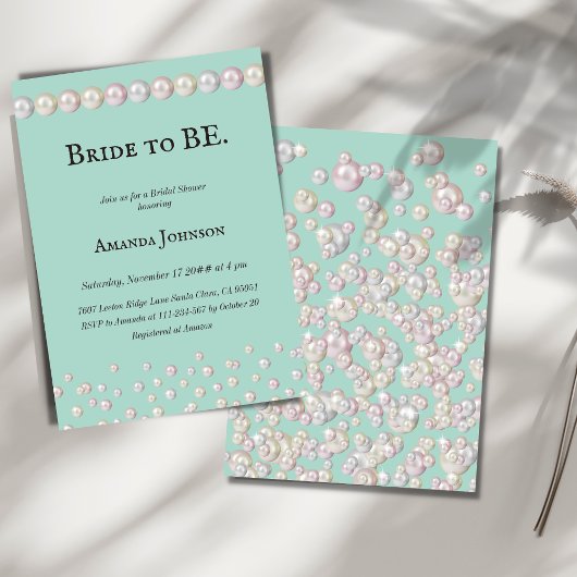 エレガントブライドへBEティール（緑がかった色）ブルーパールブライダルシャワー 招待状