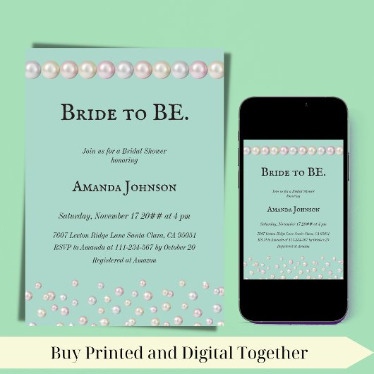 エレガントブライドへBEティール(緑がかった色)ブルーパールブライダルシャワー 招待状