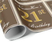 エレガントブラウン、フェイク金ゴールド21歳の誕生日+名前 ラッピングペーパー (ロールコーナー)