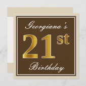 エレガントブラウン、フェイク金ゴールド21歳の誕生日+名前 招待状 (正面/裏面)
