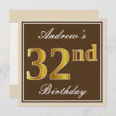 エレガントブラウン、フェイク金ゴールド32番目の誕生日+名前 招待状 (正面/裏面)