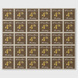 エレガントブラウン、フェイク金ゴールド4歳の誕生日+名前 ラッピングペーパー