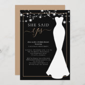 エレガントブラックと金ゴールド結婚のドレスブライダルシャワー 招待状 (正面/裏面)