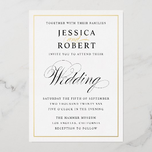 エレガントブラックと金ゴールド結婚のフォイル招待状 箔招待状 (正面)