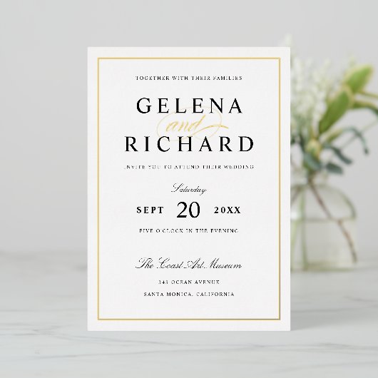 エレガントブラックと金ゴールド結婚のフォイル招待状 箔招待状 (立ち正面)