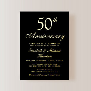 エレガントブラックの50周年記念結婚式 ゴールド 箔招待状