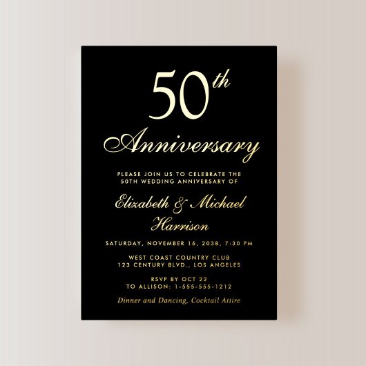エレガントブラックの50周年記念結婚式 ゴールド 箔招待状