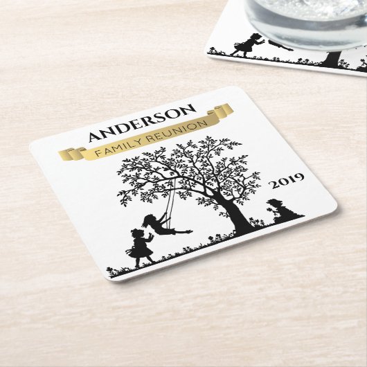 エレガントブラックアン金ゴールドパーソナライズされたファミリー懇親会 スクエアペーパーコースター (アングル)